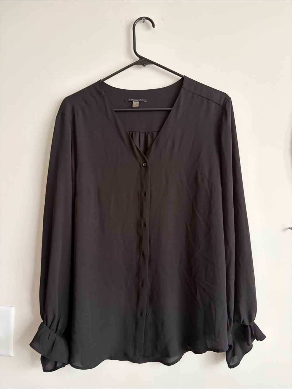 Tahari - Black V-Neck Button Front Women's Blouse - L